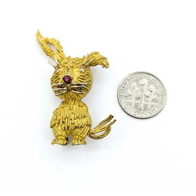 Brooch Mid-Century Whimsical Rabbit .04ctw Round Diamonds .08ct Ruby 18ky 1.75x1.25" 10.27g 225010097