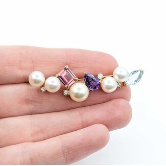 Brooch Bar  .25ctw Round Diamonds 7-8.5mm Pearl 4ctw Tourmaline, Amethyst, Aquamarine 14ky 2.1x.6" 10.68g 225010092