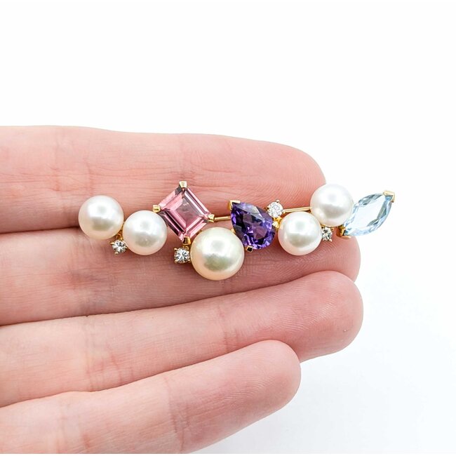 Brooch Bar  .25ctw Round Diamonds 7-8.5mm Pearl 4ctw Tourmaline, Amethyst, Aquamarine 14ky 2.1x.6" 10.68g 225010092