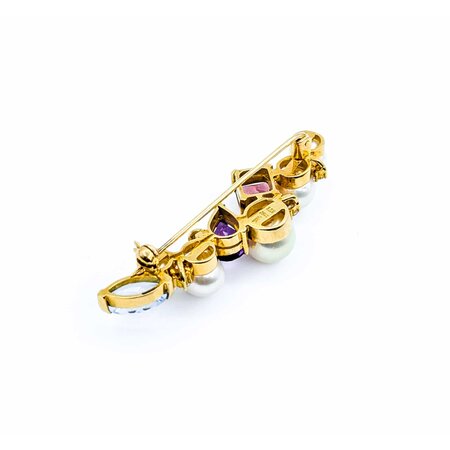Brooch Bar  .25ctw Round Diamonds 7-8.5mm Pearl 4ctw Tourmaline, Amethyst, Aquamarine 14ky 2.1x.6" 10.68g 225010092