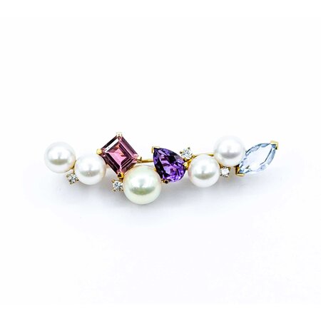 Brooch Bar  .25ctw Round Diamonds 7-8.5mm Pearl 4ctw Tourmaline, Amethyst, Aquamarine 14ky 2.1x.6" 10.68g 225010092