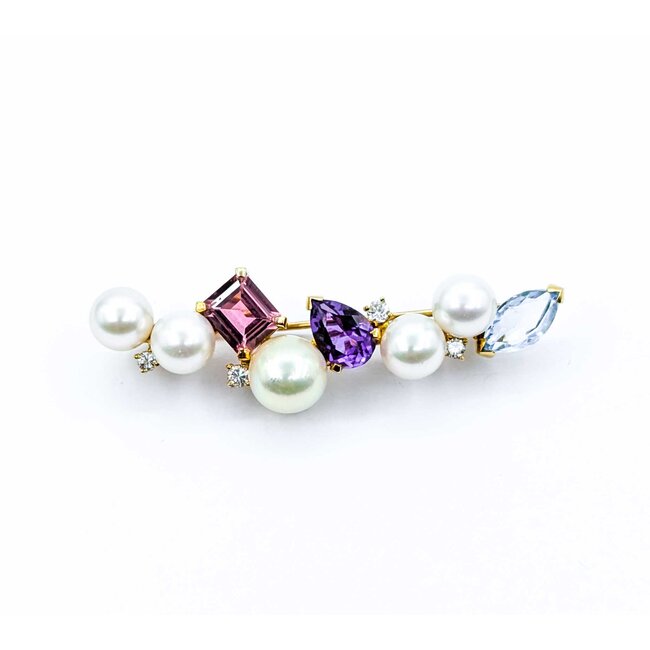 Brooch Bar  .25ctw Round Diamonds 7-8.5mm Pearl 4ctw Tourmaline, Amethyst, Aquamarine 14ky 2.1x.6" 10.68g 225010092