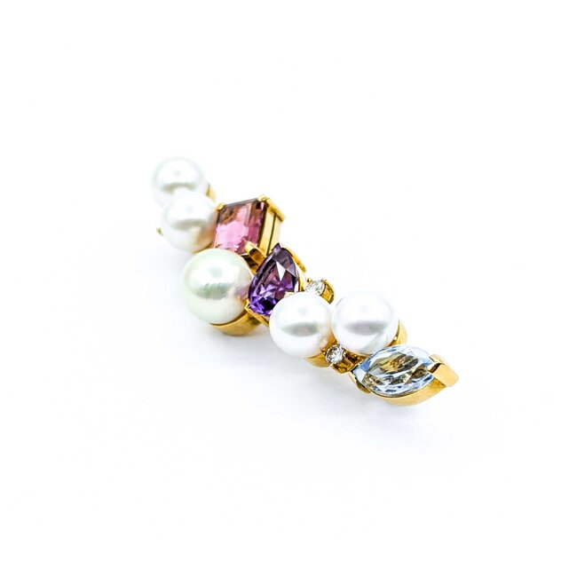 Brooch Bar  .25ctw Round Diamonds 7-8.5mm Pearl 4ctw Tourmaline, Amethyst, Aquamarine 14ky 2.1x.6" 10.68g 225010092