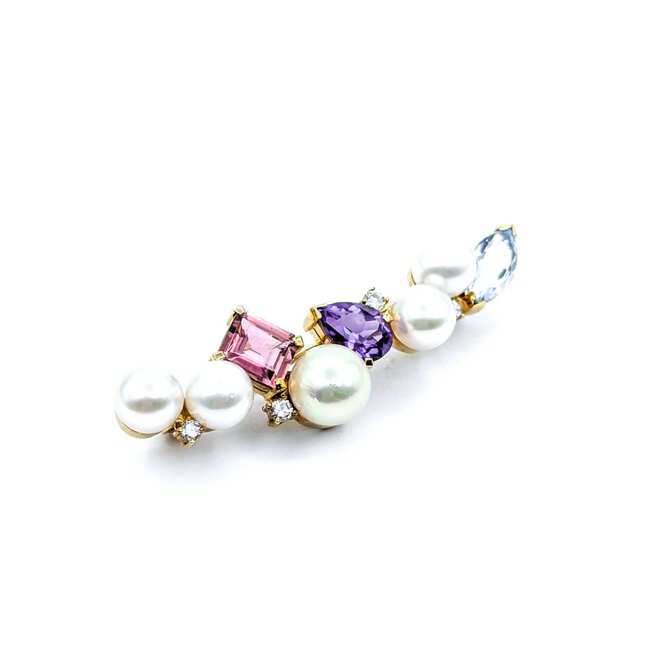 Brooch Bar  .25ctw Round Diamonds 7-8.5mm Pearl 4ctw Tourmaline, Amethyst, Aquamarine 14ky 2.1x.6" 10.68g 225010092