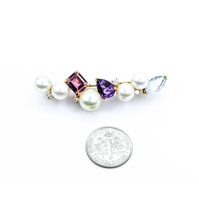 Brooch Bar  .25ctw Round Diamonds 7-8.5mm Pearl 4ctw Tourmaline, Amethyst, Aquamarine 14ky 2.1x.6" 10.68g 225010092