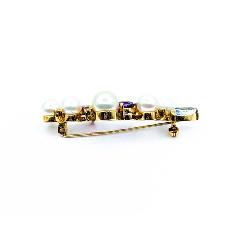 Brooch Bar  .25ctw Round Diamonds 7-8.5mm Pearl 4ctw Tourmaline, Amethyst, Aquamarine 14ky 2.1x.6" 10.68g 225010092