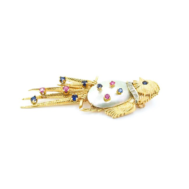 Brooch Mid-Century Exotic Song Bird .05ctw Round Diamonds .85ctw Sapphires & Rubies .85x.55" Mother-of-Pearl 14ky 2.75x1" 14.93g 225010095