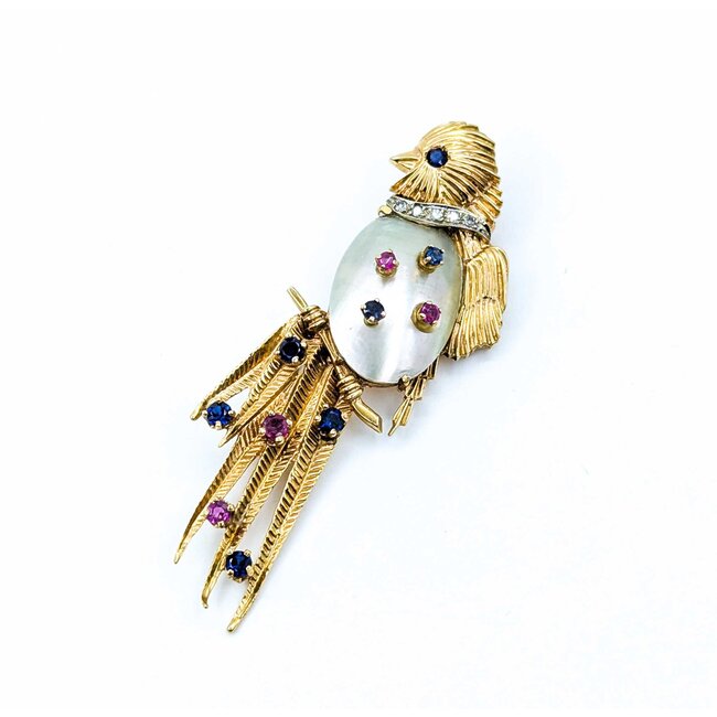 Brooch Mid-Century Exotic Song Bird .05ctw Round Diamonds .85ctw Sapphires & Rubies .85x.55" Mother-of-Pearl 14ky 2.75x1" 14.93g 225010095