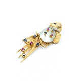  Brooch Mid-Century Exotic Song Bird .05ctw Round Diamonds .85ctw Sapphires & Rubies .85x.55" Mother-of-Pearl 14ky 2.75x1" 14.93g 225010095