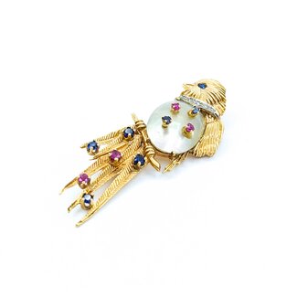 Brooch Mid-Century Exotic Song Bird .05ctw Round Diamonds .85ctw Sapphires & Rubies .85x.55" Mother-of-Pearl 14ky 2.75x1" 14.93g 225010095