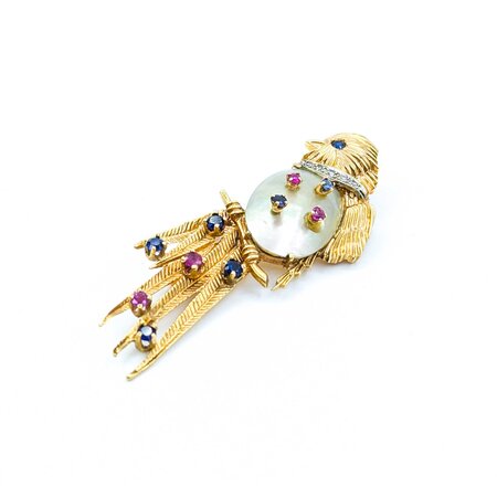 Brooch Mid-Century Exotic Song Bird .05ctw Round Diamonds .85ctw Sapphires & Rubies .85x.55" Mother-of-Pearl 14ky 2.75x1" 14.93g 225010095