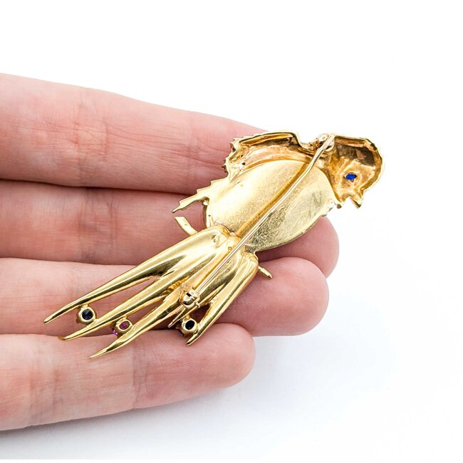 Brooch Mid-Century Exotic Song Bird .05ctw Round Diamonds .85ctw Sapphires & Rubies .85x.55" Mother-of-Pearl 14ky 2.75x1" 14.93g 225010095