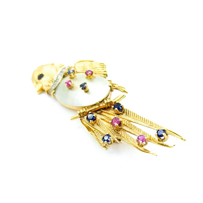 Brooch Mid-Century Exotic Song Bird .05ctw Round Diamonds .85ctw Sapphires & Rubies .85x.55" Mother-of-Pearl 14ky 2.75x1" 14.93g 225010095