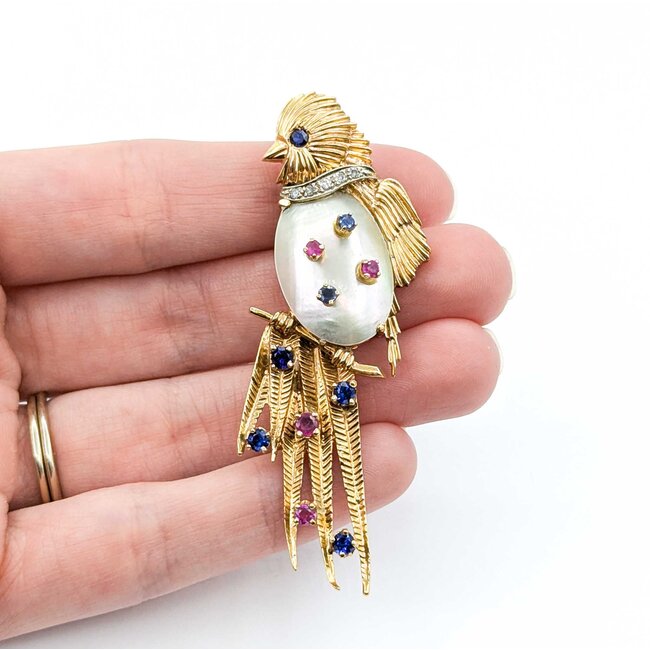 Brooch Mid-Century Exotic Song Bird .05ctw Round Diamonds .85ctw Sapphires & Rubies .85x.55" Mother-of-Pearl 14ky 2.75x1" 14.93g 225010095