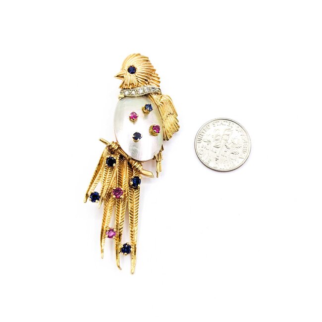 Brooch Mid-Century Exotic Song Bird .05ctw Round Diamonds .85ctw Sapphires & Rubies .85x.55" Mother-of-Pearl 14ky 2.75x1" 14.93g 225010095