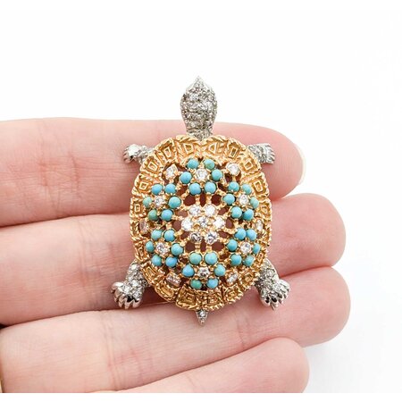Brooch Tortoise .61ctw Round Diamonds 2mm Turquoise Beeds 14ktt 1.75x1.25" 19.71g 225010103