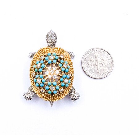 Brooch Tortoise .61ctw Round Diamonds 2mm Turquoise Beeds 14ktt 1.75x1.25" 19.71g 225010103