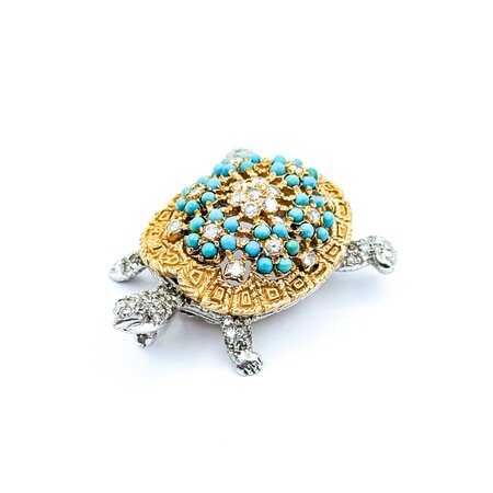 Brooch Tortoise .61ctw Round Diamonds 2mm Turquoise Beeds 14ktt 1.75x1.25" 19.71g 225010103