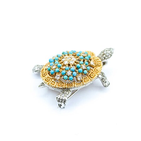 Brooch Tortoise .61ctw Round Diamonds 2mm Turquoise Beeds 14ktt 1.75x1.25" 19.71g 225010103