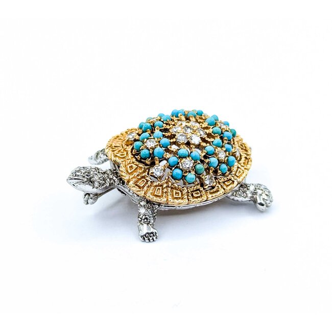 Brooch Tortoise .61ctw Round Diamonds 2mm Turquoise Beeds 14ktt 1.75x1.25" 19.71g 225010103