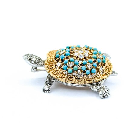 Brooch Tortoise .61ctw Round Diamonds 2mm Turquoise Beeds 14ktt 1.75x1.25" 19.71g 225010103