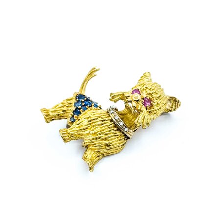 Brooch Scottish Terrier .04ctw Round Diamonds .40ctw Rubies & Sapphires 14ky 1.5x1.12" 15g 225010106
