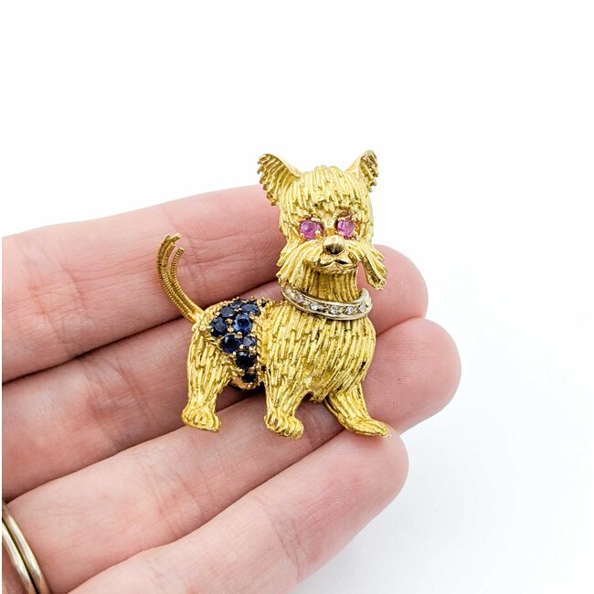 Brooch Scottish Terrier .04ctw Round Diamonds .40ctw Rubies & Sapphires 14ky 1.5x1.12" 15g 225010106