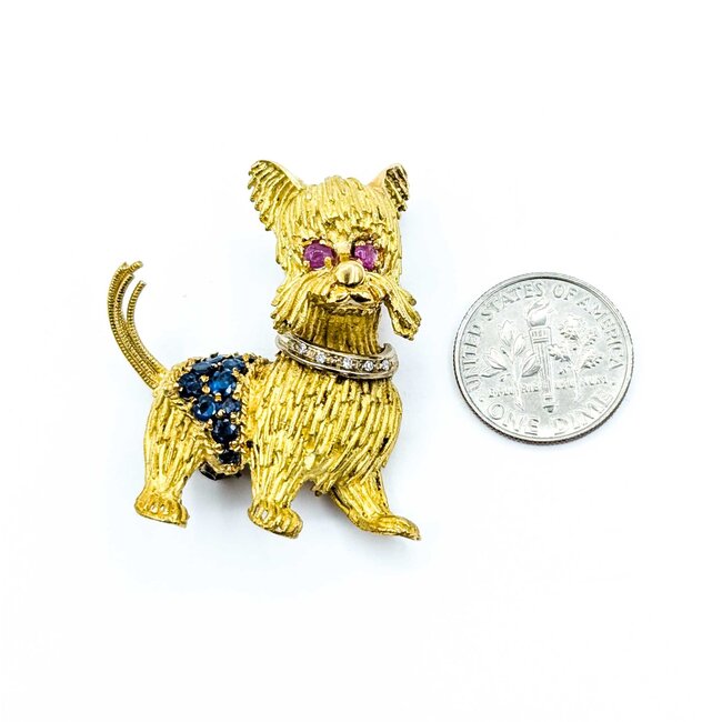 Brooch Scottish Terrier .04ctw Round Diamonds .40ctw Rubies & Sapphires 14ky 1.5x1.12" 15g 225010106