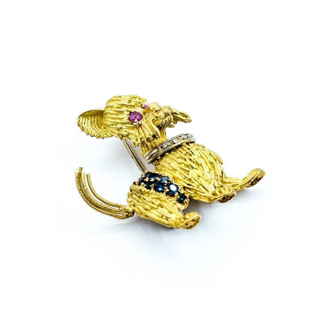 Brooch Scottish Terrier .04ctw Round Diamonds .40ctw Rubies & Sapphires 14ky 1.5x1.12" 15g 225010106