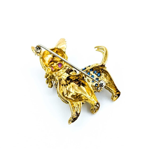 Brooch Scottish Terrier .04ctw Round Diamonds .40ctw Rubies & Sapphires 14ky 1.5x1.12" 15g 225010106