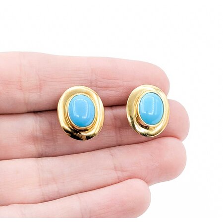 Earrings Mid-Century, Omegaback Stud 10x8mm Turquoise 14ky .6x.5" 5.34g 225010101