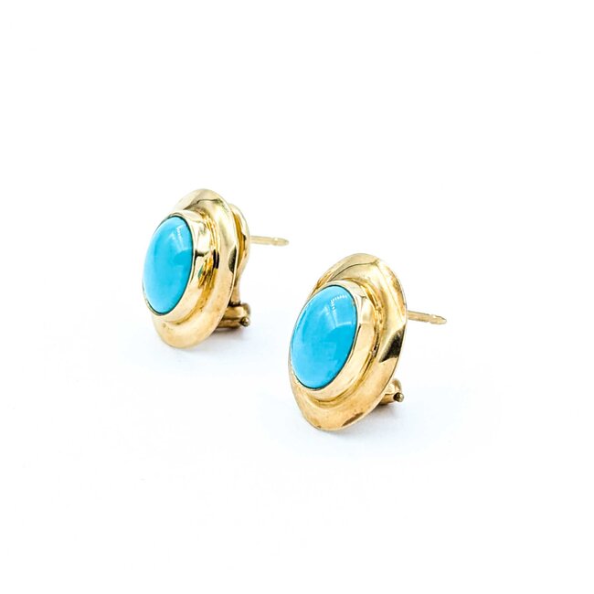 Earrings Mid-Century, Omegaback Stud 10x8mm Turquoise 14ky .6x.5" 5.34g 225010101