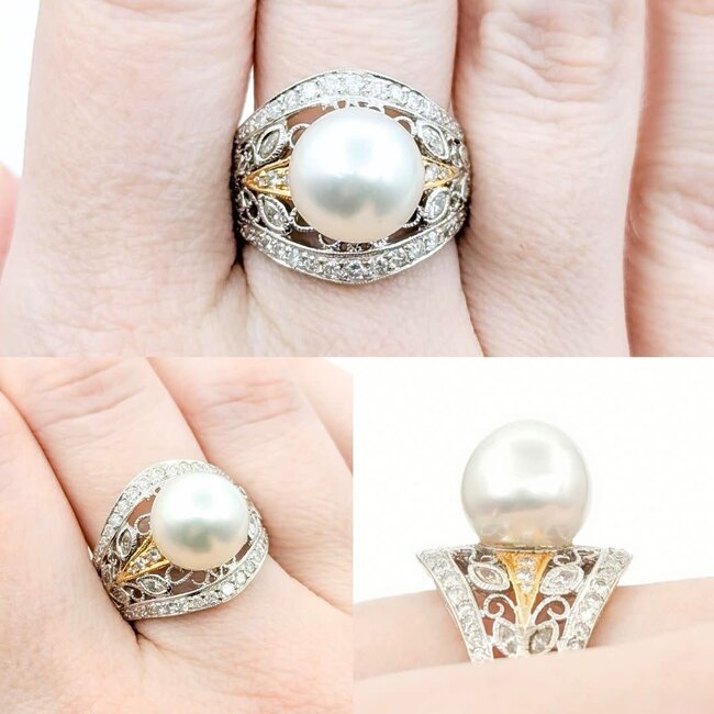 Ring Milgrain .65ctw Round & Marquise Diamonds 11mm Pearl 18tt .6" Sz7.25 8.31g 225010059