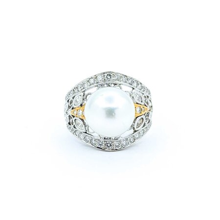 Ring Milgrain .65ctw Round & Marquise Diamonds 11mm Pearl 18tt .6" Sz7.25 8.31g 225010059