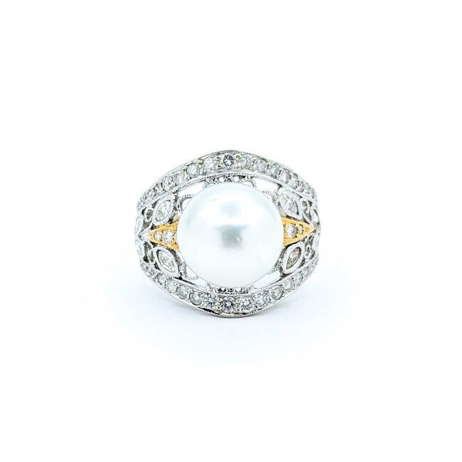 Ring Milgrain .65ctw Round & Marquise Diamonds 11mm Pearl 18tt .6" Sz7.25 8.31g 225010059