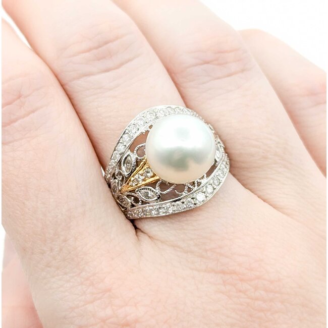 Ring Milgrain .65ctw Round & Marquise Diamonds 11mm Pearl 18tt .6" Sz7.25 8.31g 225010059