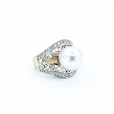  Ring Milgrain .65ctw Round & Marquise Diamonds 11mm Pearl 18tt .6" Sz7.25 8.31g 225010059
