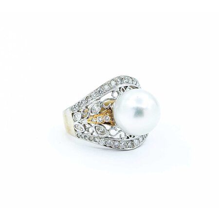 Ring Milgrain .65ctw Round & Marquise Diamonds 11mm Pearl 18tt .6" Sz7.25 8.31g 225010059