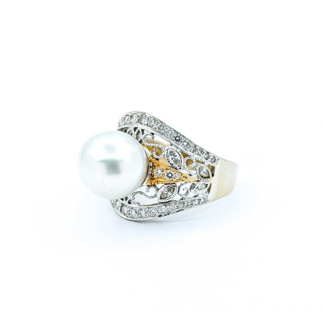 Ring Milgrain .65ctw Round & Marquise Diamonds 11mm Pearl 18tt .6" Sz7.25 8.31g 225010059