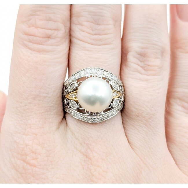 Ring Milgrain .65ctw Round & Marquise Diamonds 11mm Pearl 18tt .6" Sz7.25 8.31g 225010059