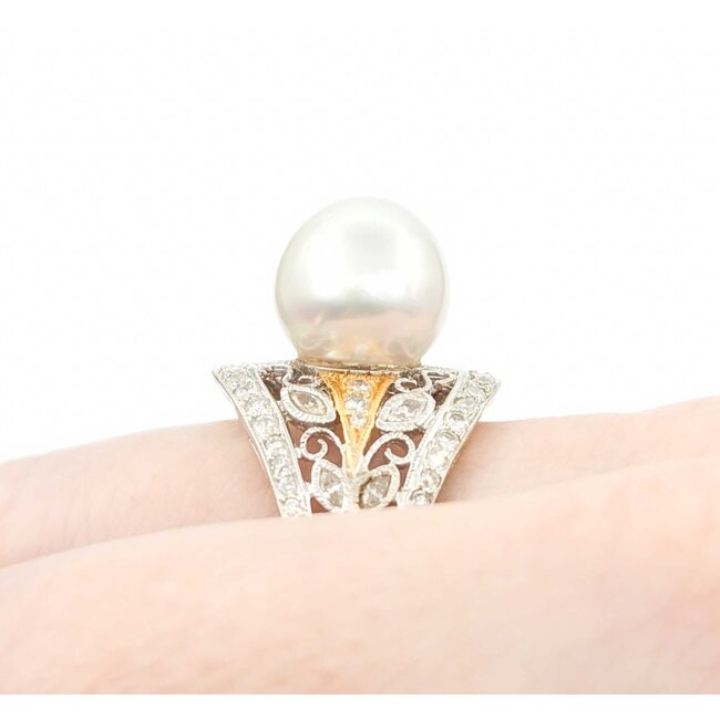 Ring Milgrain .65ctw Round & Marquise Diamonds 11mm Pearl 18tt .6" Sz7.25 8.31g 225010059