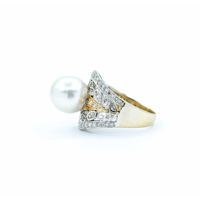 Ring Milgrain .65ctw Round & Marquise Diamonds 11mm Pearl 18tt .6" Sz7.25 8.31g 225010059