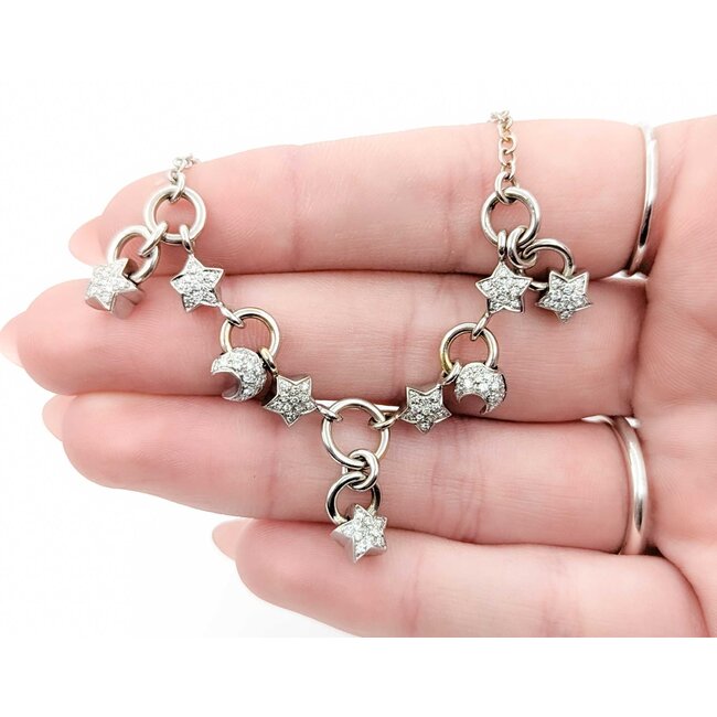 Necklace Celestial Charm Choker 1.00ctw Round Diamonds 18kw 15" 15.87g 225010093