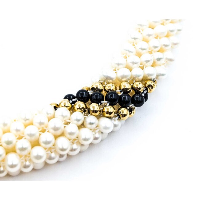 Necklace 4-5mm Pearl 4mm Onyx Beeds 14ky .65" Wide 17" 86.6g 225010080