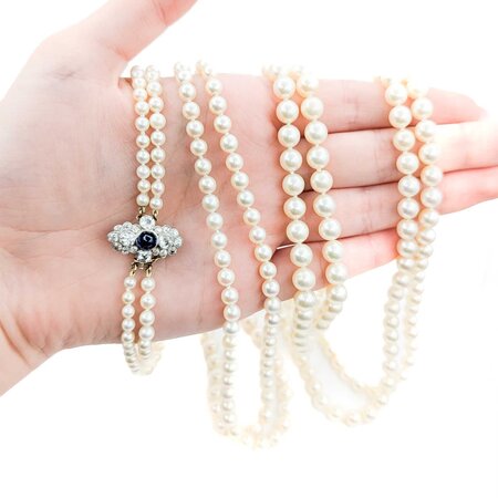 Necklace Opera Length 1.60ctw Round Old Mine Cut Diamonds 1.00ct Sugarloaf Cabochon GIA Unheated Sapphire 14ky 3.5-8mm Pearl Graduated 52" Length 130.14g 225010074