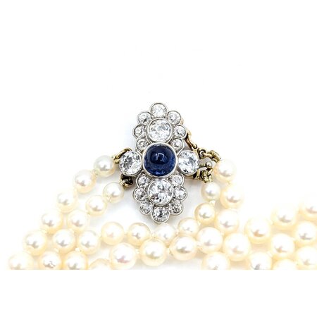 Necklace Opera Length 1.60ctw Round Old Mine Cut Diamonds 1.00ct Sugarloaf Cabochon GIA Unheated Sapphire 14ky 3.5-8mm Pearl Graduated 52" Length 130.14g 225010074