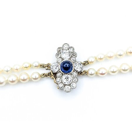 Necklace Opera Length 1.60ctw Round Old Mine Cut Diamonds 1.00ct Sugarloaf Cabochon GIA Unheated Sapphire 14ky 3.5-8mm Pearl Graduated 52" Length 130.14g 225010074