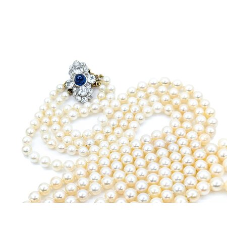 Necklace Opera Length 1.60ctw Round Old Mine Cut Diamonds 1.00ct Sugarloaf Cabochon GIA Unheated Sapphire 14ky 3.5-8mm Pearl Graduated 52" Length 130.14g 225010074
