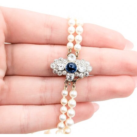 Necklace Opera Length 1.60ctw Round Old Mine Cut Diamonds 1.00ct Sugarloaf Cabochon GIA Unheated Sapphire 14ky 3.5-8mm Pearl Graduated 52" Length 130.14g 225010074