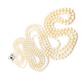  Necklace Opera Length 1.60ctw Round Old Mine Cut Diamonds 1.00ct Sugarloaf Cabochon GIA Unheated Sapphire 14ky 3.5-8mm Pearl Graduated 52" Length 130.14g 225010074
